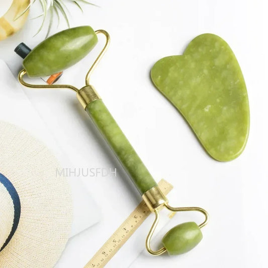 Natural Jade Facial Roller &amp; Gua Sha Set – Face Massage Tool for Skin Lifting &amp; Relaxation